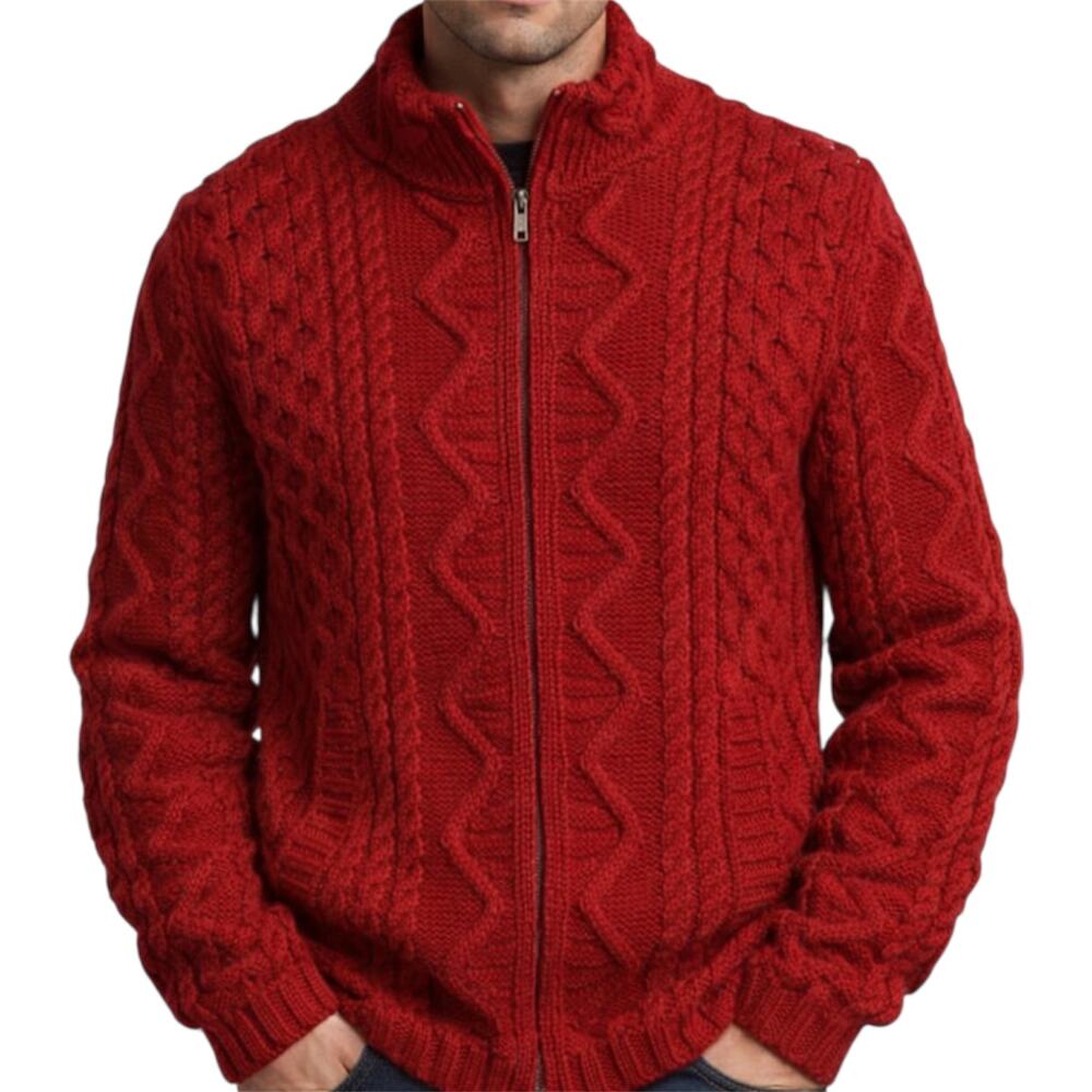 Blarney Woollen Mills Sweater 100% Merino Wool Cable Knit Full Zip Red Large